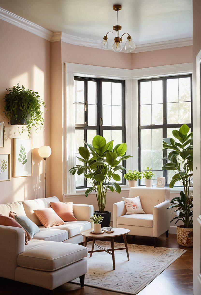 A warm, inviting scene depicting a caring family gathered in their cozy home surrounded by health-related and home insurance symbols, like a shield and heart icons, framed by soft, gentle colors. The sunlight streams through a window, creating a sense of safety and comfort. Include elements like a houseplant and family pictures to evoke emotional ties. This scene represents both health and home aspects with tenderness. super-realistic. soft pastel colors. warm lighting.