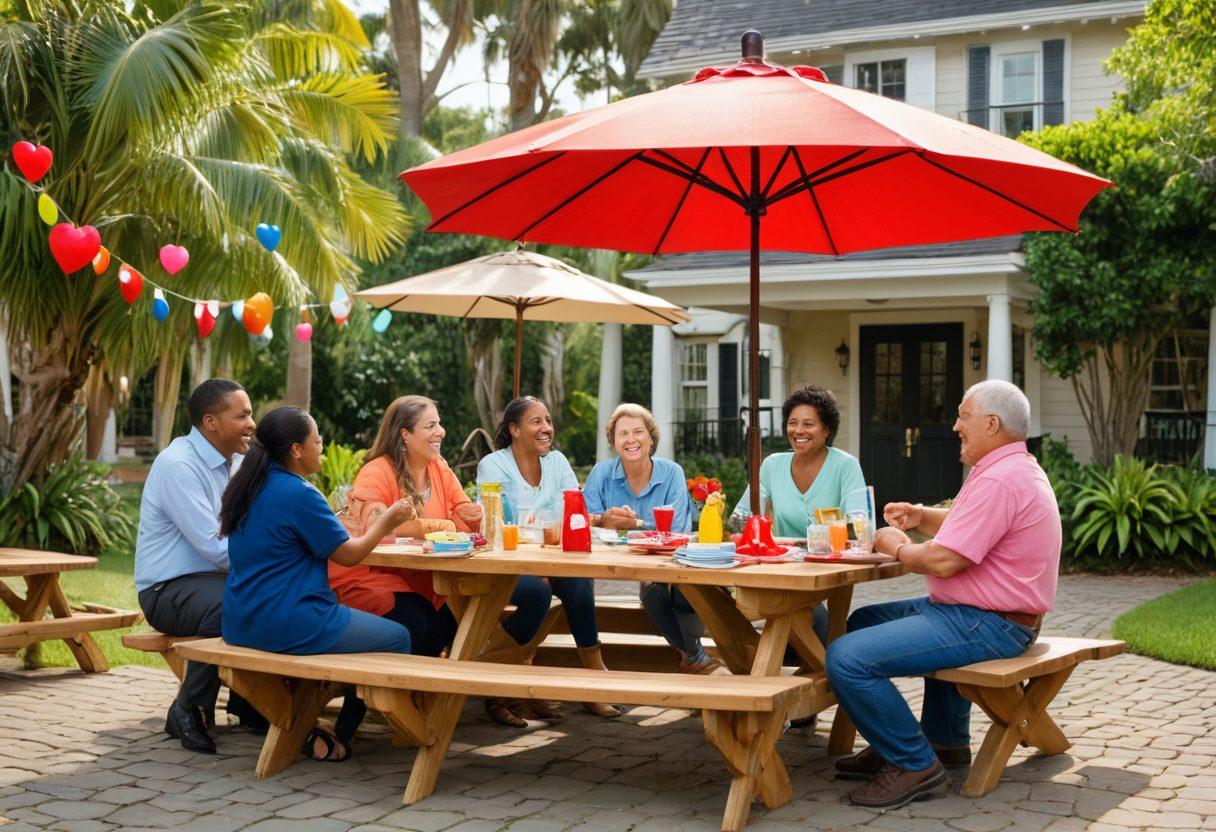 A warm-hearted community gathering in a picturesque CHSMO setting, showcasing diverse individuals discussing insurance needs around a picnic table adorned with heart-shaped decorations. Include elements of protection like umbrellas and lifebuoys symbolizing insurance coverage, alongside friendly interactions and a backdrop of lush greenery and local architecture. super-realistic. vibrant colors. warm tones.