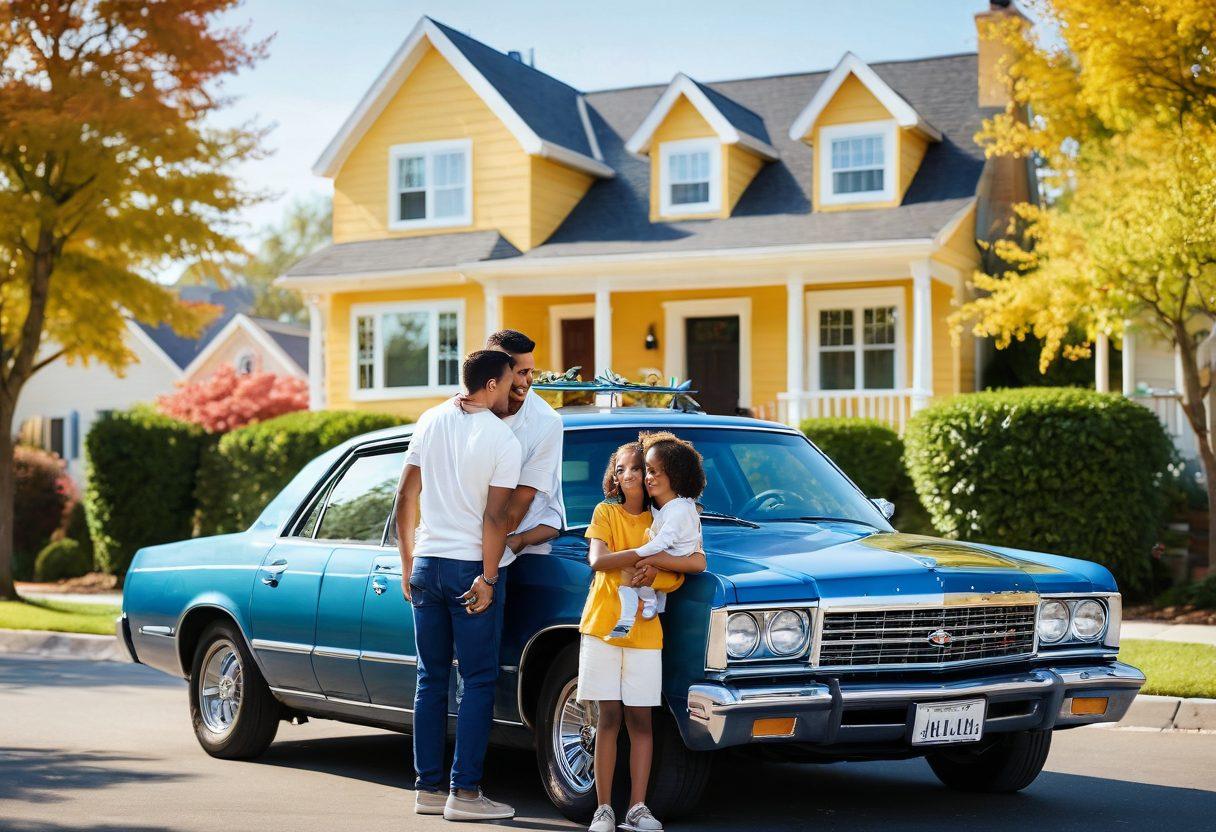 A serene scene depicting a diverse family with a loving embrace, surrounded by symbols of auto and life insurance like a shield, a car, and a home. The background shows a peaceful neighborhood with blooming trees and a bright sky, representing security and peace of mind. Emphasize warmth and compassion in the expressions. vibrant colors. soft-focus. super-realistic.